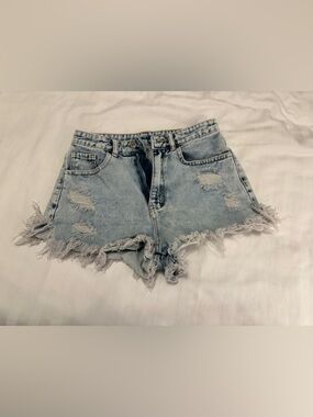 SHEIN Light Blue Distressed Frayed Denim Shorts